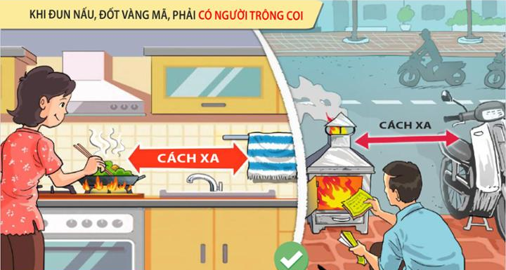 Khi nấu ăn, đốt vàng mã, phải có người trông coi